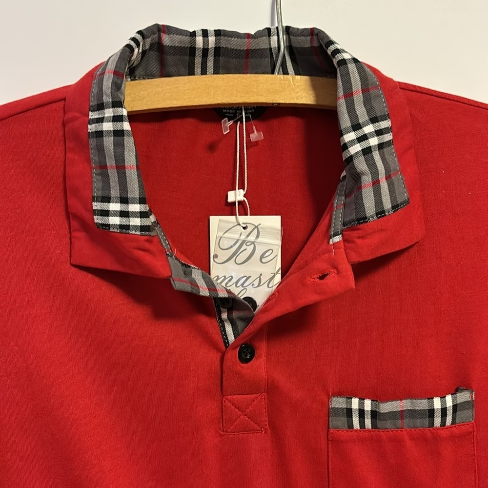 COOFANDY BRAND RED POLO SHIRT 3 BUTTONS DOWN CENTER GREY RED WHITE PLAID ACCENTS - Picture 8 of 8